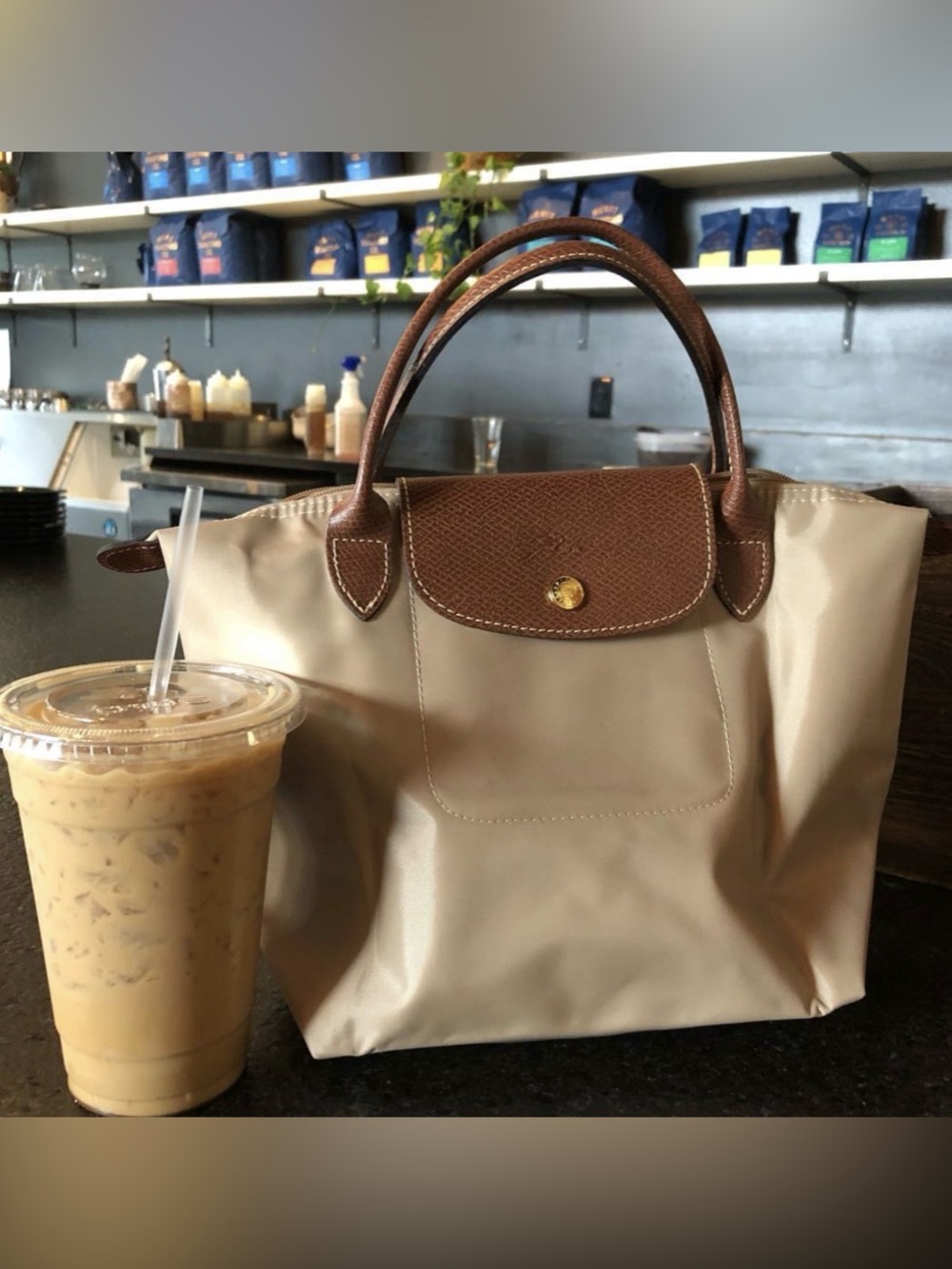 LONGCHAMP le pliage small short handle tote- Beige EUC